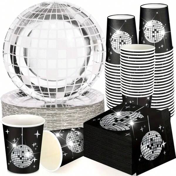 Silver And Black Disco Ball Pattern Disposable Tableware Set, Including 7-Inch And 9-Inch Thicker Paper Plates, Paper Cups, Paper Napkins, Suitable For Disco Party, Birthday Party, Gathering, Event Banquet And More