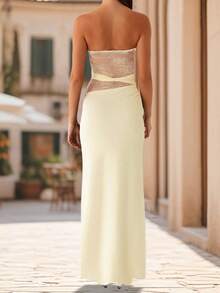 Women's Summer Long Tube Dress Sheer Lace Patchwork Sleeveless Strapless Backless Bodycon Ankle Length Dress - Màu vàng - Xem 5