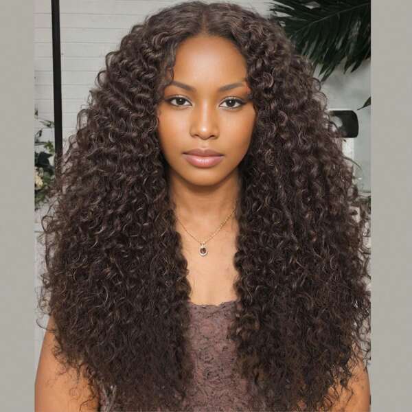 Dark Brown Glueless Lace Wig 4X1 Closure Synthetic Lace Wig 20inch Long Curly Deep Wave Wigs For Women Daily Party Use