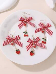 1pair Fashion Bow Strawberry Cherry Drop Earrings For Girl For Daily Decoration - Multicolor - View 1