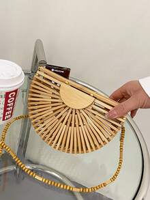 时尚半月形木质单肩斜挎包女士竹编夏季沙滩草编包藤编小手机钱包迷你包