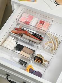 10 Stück klare Acryl Make-up Organizer Tabletts, Kosmetik Organizer, Pinselhalter, Make-up Aufbewahrungsboxen, transparente Schminktisch Schubladen, Organizer für Make-up (Foundation, Puder, Concealer, Concealer Pinsel, Lippenstift, Rouge, Make-up Pinsel), Schmuck, Küche, Schlafzimmer, Badezimmer, Fernbedienungen, Zahnstocher, Ladegeräte, Handyhüllen, platzsparend, Zurück zur Schule, Schlafzimmer Dekoration, Zurück zur Schule - Transparent - Übersicht 5