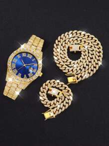 Luxury Alloy Men's Quartz Watch, With Rhinestone Rhinestone Crystal And Date, Paired With A Hip-Hop Cuban Necklace And Bracelet Set