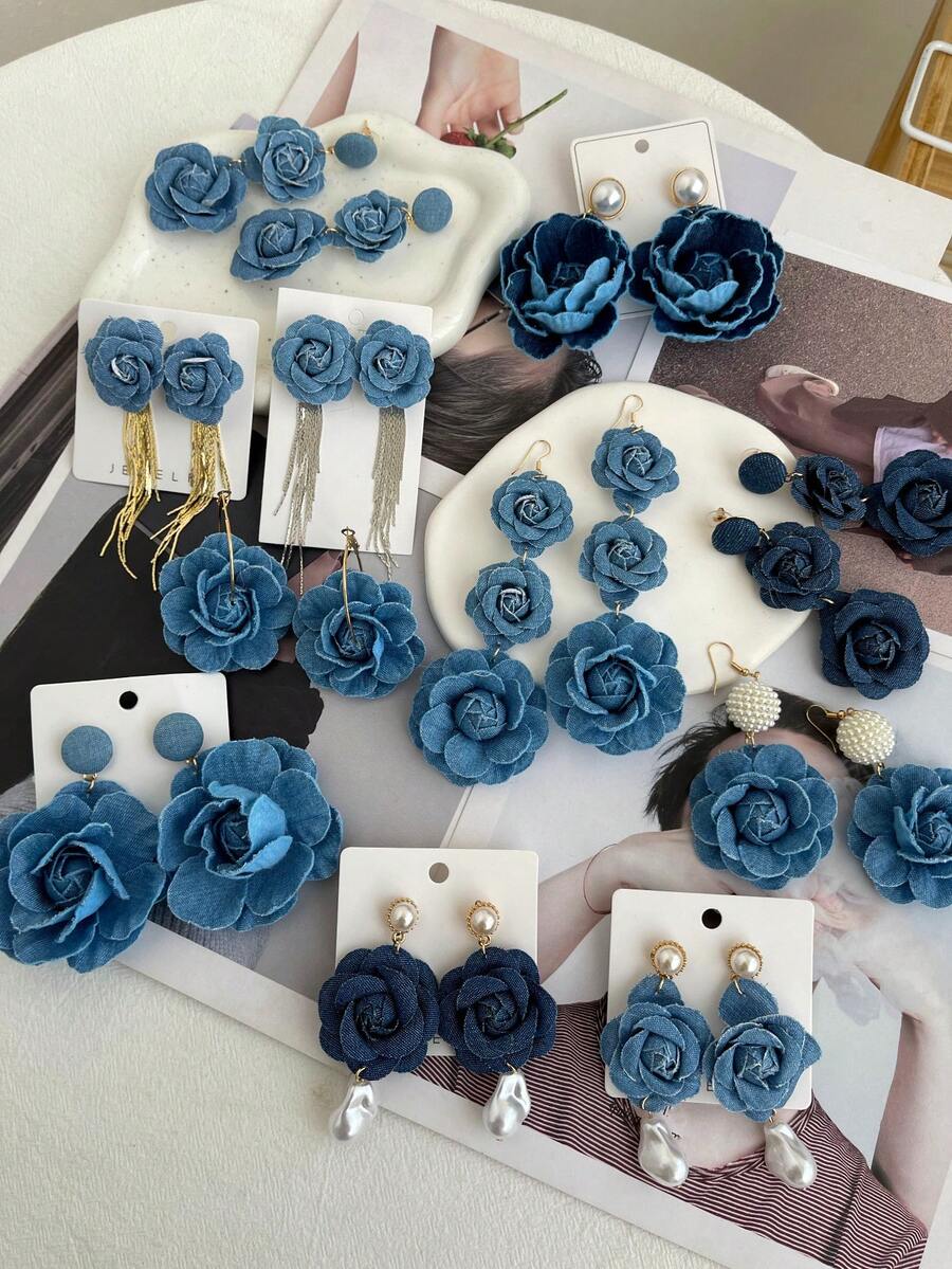 1件优雅复古奢华蓝色布艺花朵耳环，时尚珠宝，女士礼物，适合情人节、约会、宴会、通勤、派对、生日、节日等场合（由于拍摄时的光线和角度，实际产品颜色可能与图片略有不同）