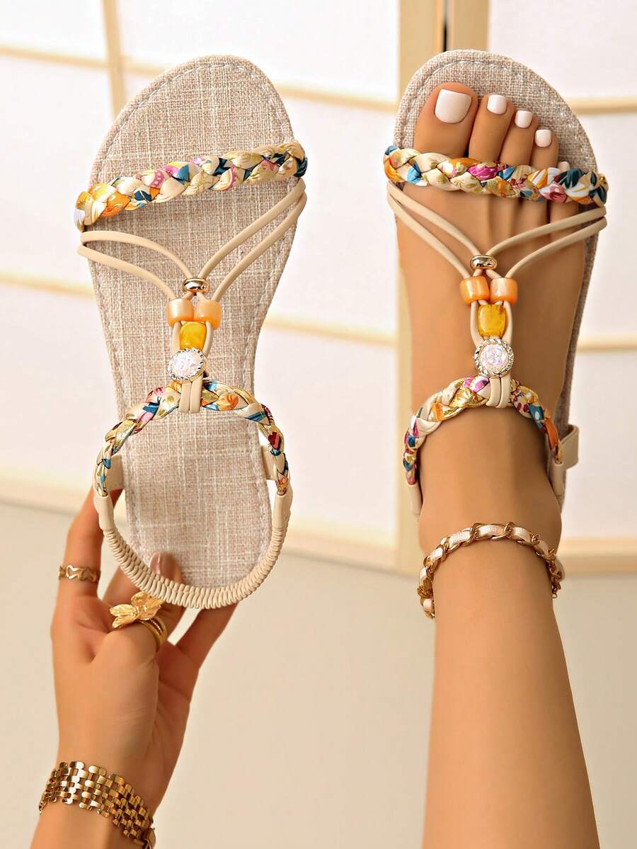 Sandalias de playa estilo retro romano de talla grande para mujer, con cuentas y tejido bohemio