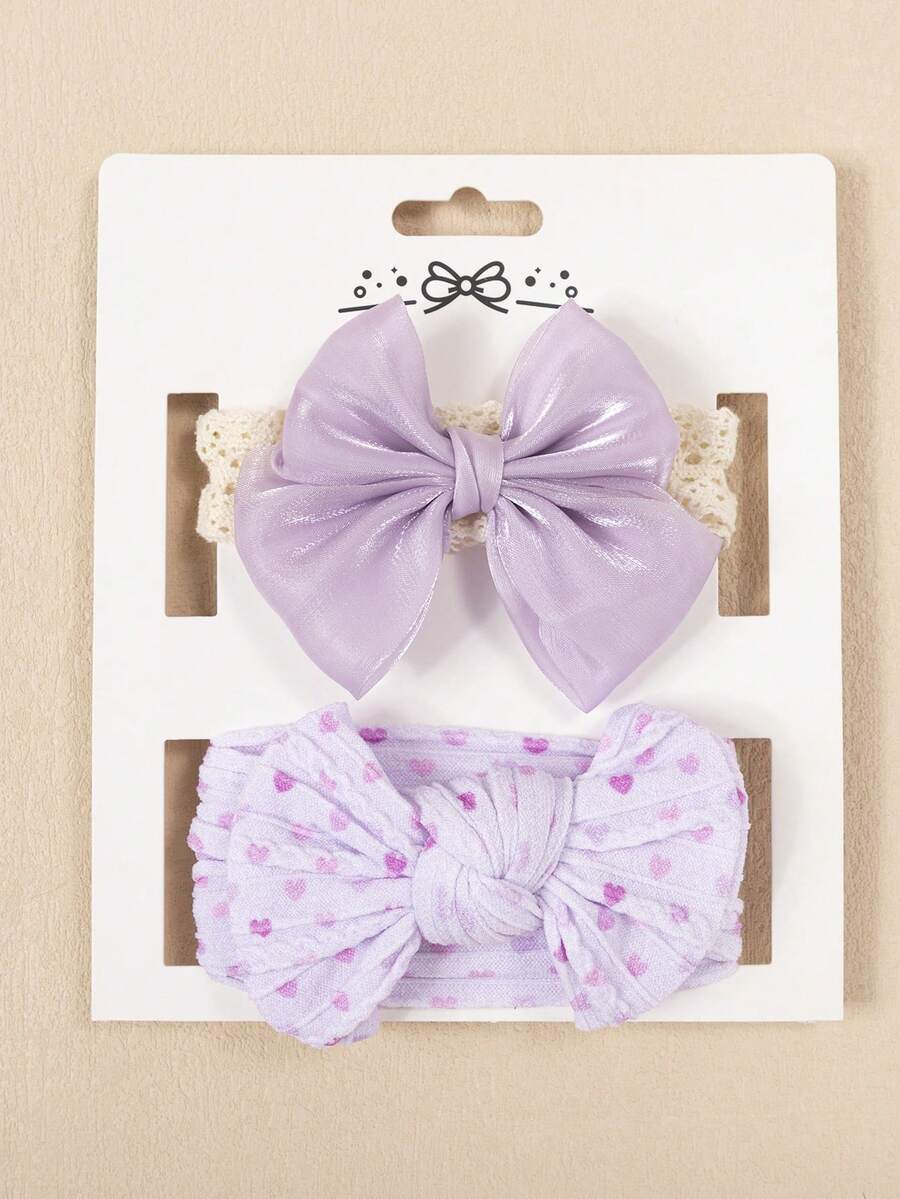 2pcs Set Purple Bow Adorable Baby Headbands, Soft Elastic Nylon Jacquard Heart Pattern Hair Accessories, Newborn Infant Hair Decor, Valentine's Gift (No Paper Card)