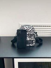 时尚尼龙斑马纹图案迷你女士单肩包，多功能简约智能手机袋和零钱包，街头潮流 - 黑與白 - 查看 2
