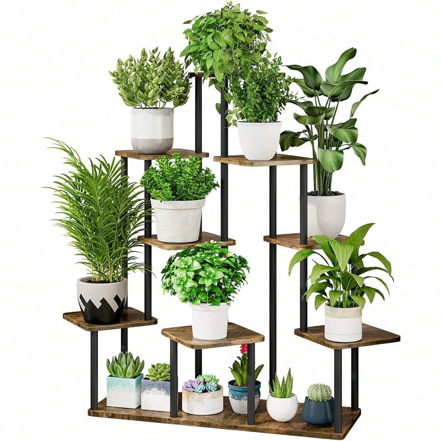 Plant Stand 5 Tier Indoor Metal Flower Shelf For Multiple Plants Corner Tall Flower Holders For Patio Garden Living Room Balcony Bedroom, Black (5 Tier-Black) - 9層-黑色+鄉村棕色 - 查看 1
