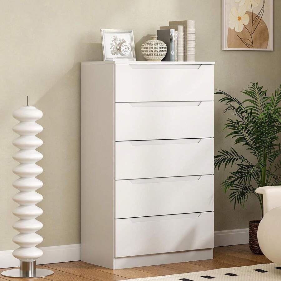 White Dresser With 5 Drawers For Bedroom,48'' Tall Wood Chest Of Drawers, Large Storage Dresser Organizer For Clothes, Living Room, Bedroom, Hallway - 白色 - 查看 1