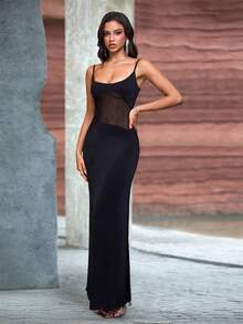 Spring Summer Sheer Mesh Paneled Low Cut Spaghetti Strap Bodycon Sexy Dress - Black - View 5