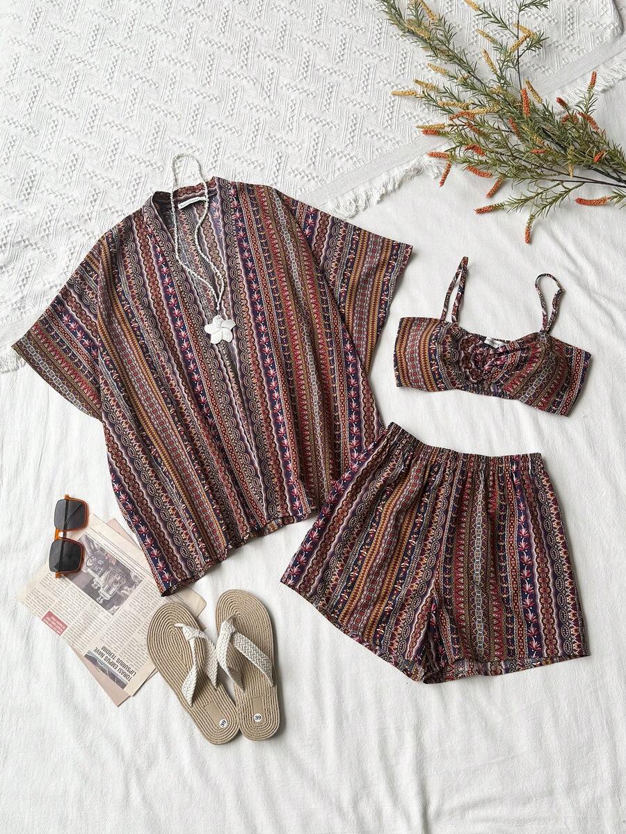 Rusttydustty Completo casual da donna in tre pezzi, stile boho, adatto per vacanze, spiaggia, festival musicali alle Hawaii, vacanze tropicali - Multicolore - Visualizzare 1