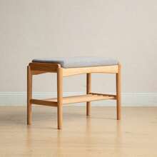 (Beige) Natural Solid Wood Shoe Bench, Mid-Century Modern Storage Bench With High Rebound Sponge Cushion For Entryway And Living Spaces - default - View 6