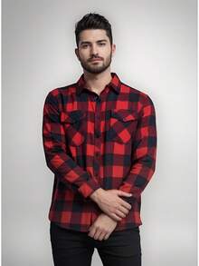 Men's Plaid Flannel Long Sleeve Shirt Ready For Delivery - Red and Black - View 1