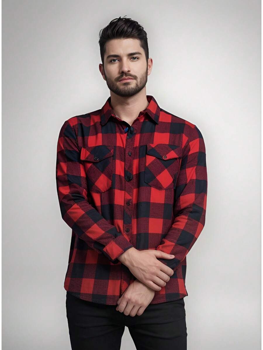 Men's Plaid Flannel Long Sleeve Shirt Ready For Delivery - Red and Black - View 1