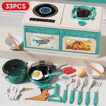 33pcs/44pcs/66pcs/76pcs Children Kitchen Playset, Suitable For Boys And Girls, Includes Cooking Utensils, Mini Stove, Rice Cooker, Fruits, Mixing, Stir-Frying, Cutting Vegetables And Musical Tableware Simulation