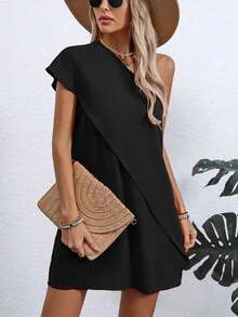 Lightweight Polyester Elegant Asymmetric Off-Shoulder Dress - Women's Fitted Casual Style