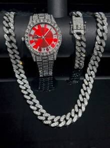 Luxury Alloy Men's Quartz Watch, With Rhinestone Rhinestone Crystal And Date, Paired With A Hip-Hop Cuban Necklace And Bracelet Set