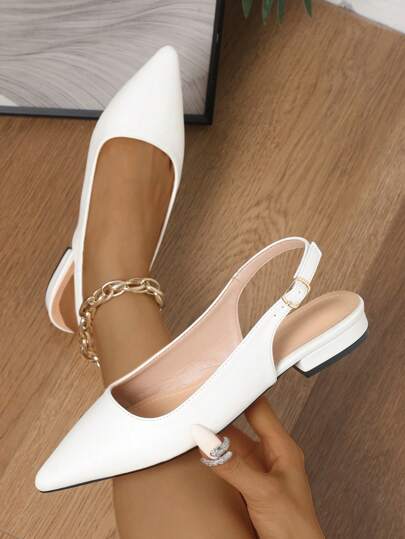 Scarpe da donna eleganti di colore unito, con cinturino alla caviglia, tacco basso e leggero, punta affusolata - ballerine da donna