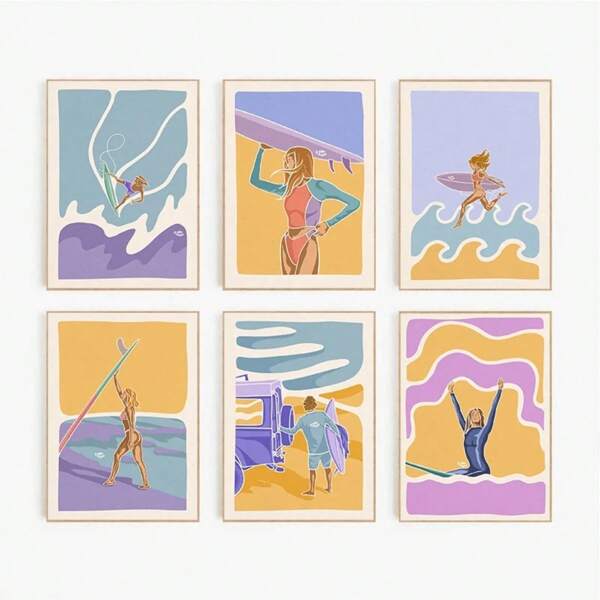 1pc Modern Art, Cartoon Extreme Sports Surfing Illustration Poster Free Girl Canvas Painting Abstract Art Home Wall Decoration Paintings In Living Rooms, Bedrooms, Dining Rooms Optional Frames Wall Arts, Modern Posters, Canvas Painting ,Wall Art With Frame