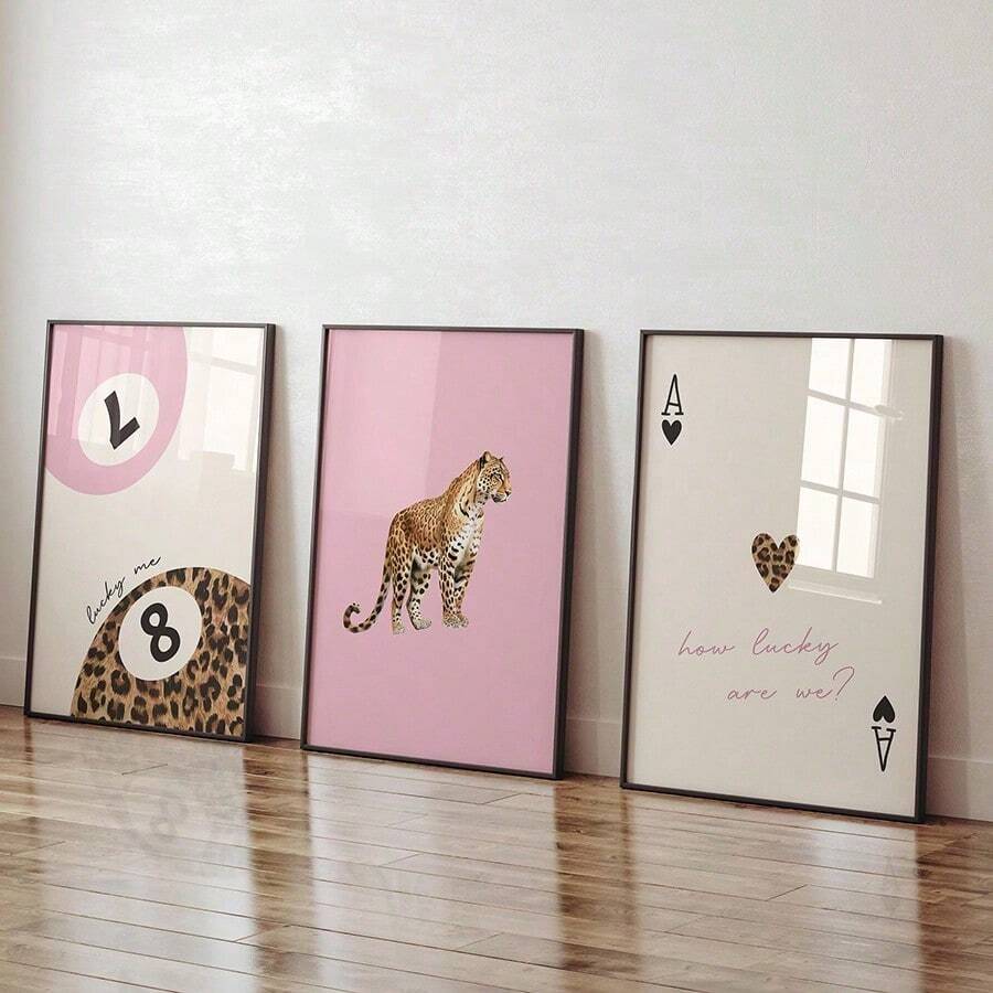 3pcs Red And Pink Leopard Cheetah Wall Art Picture How Lucky Are We Canvas Prints Paintings Lucky 8 Ball Posters Preppy Girly Decor For Bedroom, Living Room Room,Dorm Wall Decor ,Wall Art With Frame - 3pcs/set - View 1