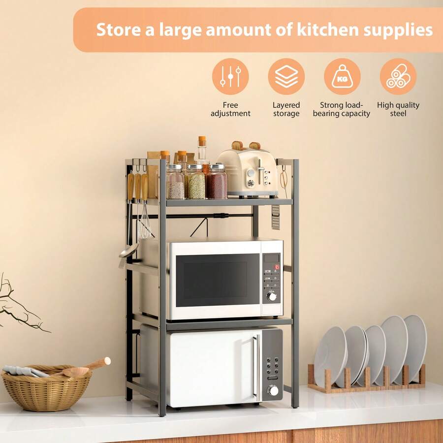 VickyHome 1-2Tier Adjustable Heavy Duty Shelving Microwave Rack Horizontal Extension Kitchen Shelf Tableware Storage Stand Organizer With 6 Hooks For Home Office Carbon Black - 60x26x75cm - 查看 1