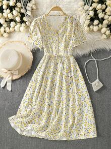 女式花卉印花蕾丝边V领短袖优雅夏装 - 黃色 - 查看 1