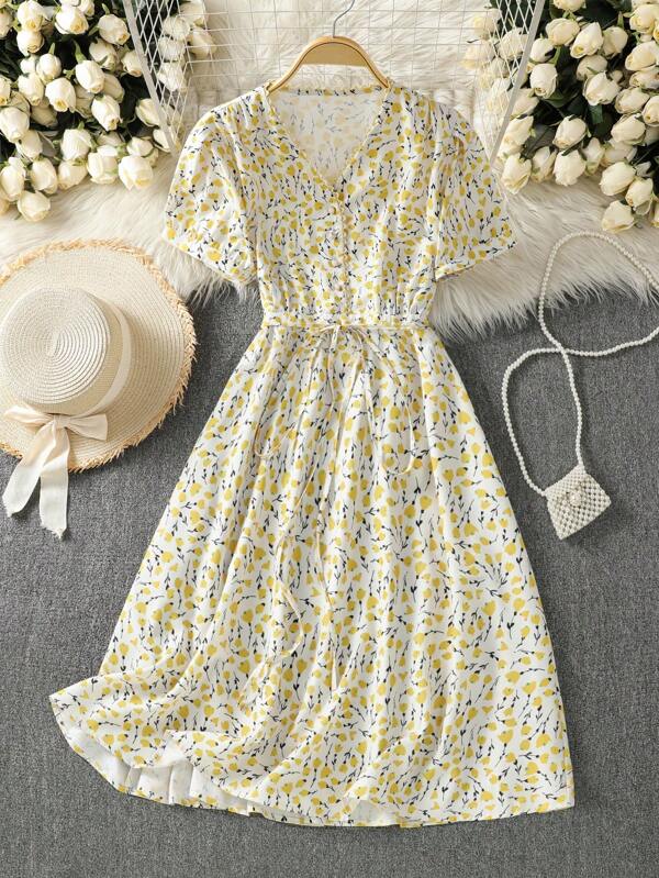 Women's Floral Print Lace Trim V-Neck Short Sleeve Elegant Summer Dress