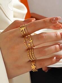 4 件套不锈钢 18K 镀金星星、向日葵花朵开口戒指，适合女性日常佩戴 - 彩色 - 查看 2