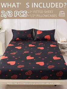 2/3pcs Printed Fitted Sheet Set, Bedding, Bed Sheets Set, Christmas Decorations, Soft And Comfortable Bedding, Skin-Friendly Bed Cover Set, Hallowen Decor, Fall Decor, Mattress Protector For Bedroom, Room Decor, For All Season, Fits Twin Full King Queen Size Bed, 1 Fitted Sheet And 2 Pillowcases, Machine Washable - 黑色愛心 - 查看 2