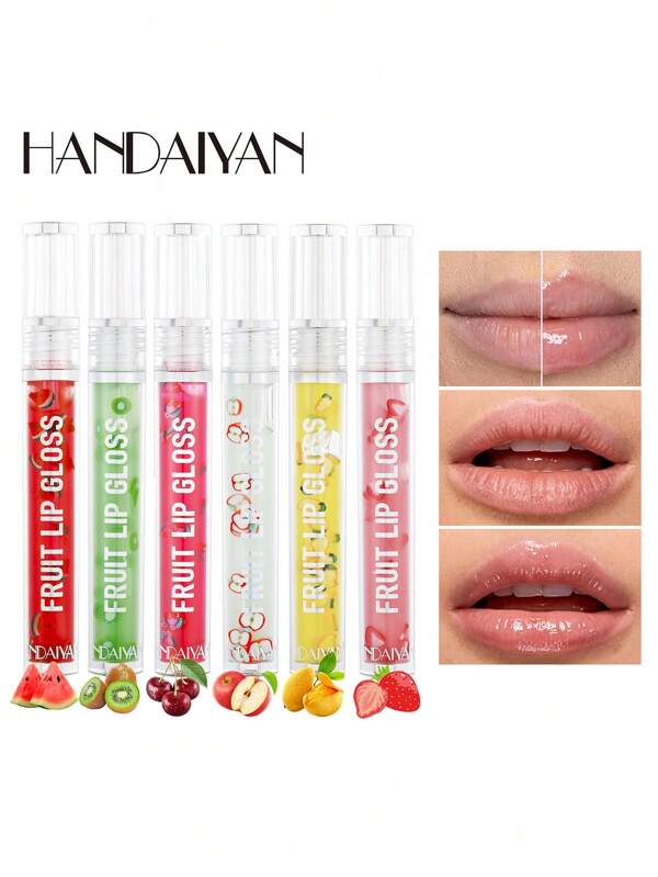 HANDAIYAN 6-Color Fruit Liquid Lip Oil, Moisturizing Lip Gloss, Hydrating, Smoothing, Prevents Chapped Lips, 3g, Music Festival, Mother's Day, Valentine's Day Gift, Makeup, Party, Camping, Travel