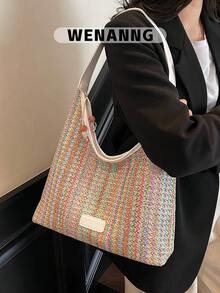 1 pezzo Borsa a spalla casual intrecciata, design colorblock, borsa tote di grande capacità, borsa hobo perfetta per l'uso quotidiano, lo shopping, i viaggi e le vacanze delle donne/ragazze/studenti - Beige - Visualizzare 2