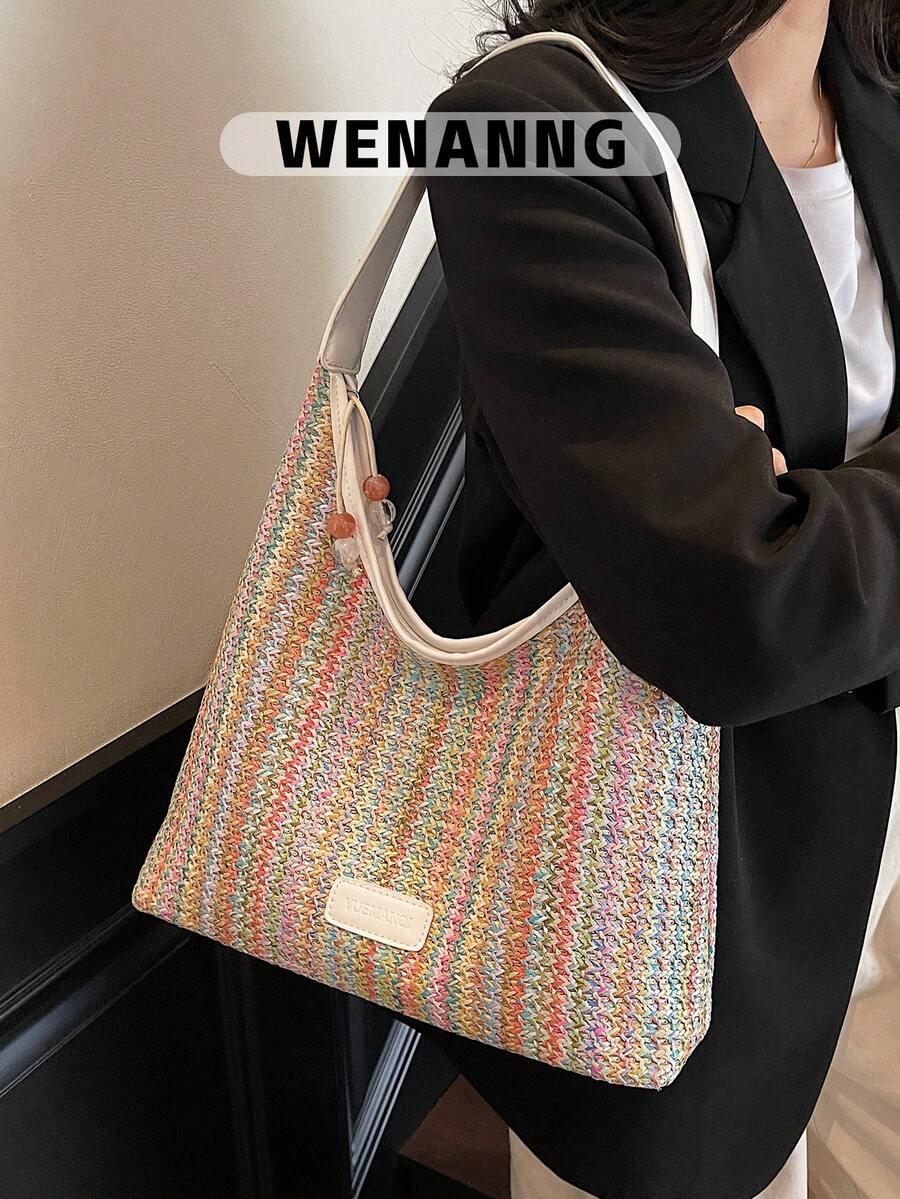 1 pezzo Borsa a spalla casual intrecciata, design colorblock, borsa tote di grande capacità, borsa hobo perfetta per l'uso quotidiano, lo shopping, i viaggi e le vacanze delle donne/ragazze/studenti