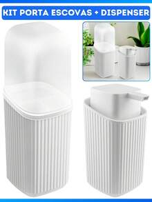 Kit Dispenser Sabonete E Porta Escovas De Dente Com Tampa Design Moderno - Branco - Visão 2