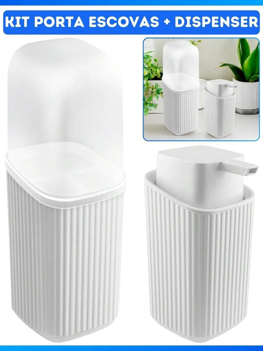 Kit Dispenser Sabonete E Porta Escovas De Dente Com Tampa Design Moderno