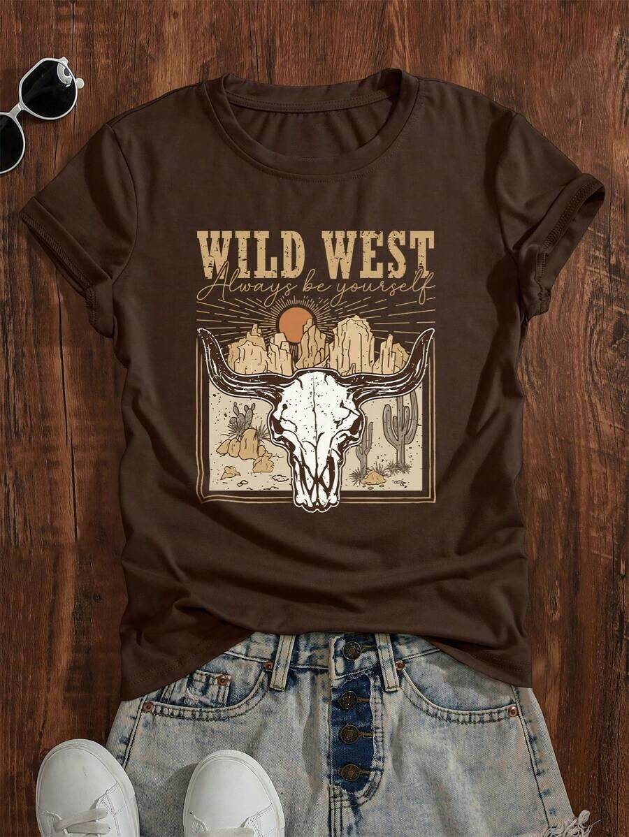 Country Wild West Short Sleeve Graphic T-Shirt Women's 100% Cotton Blouse - 鏽棕色 - 查看 1
