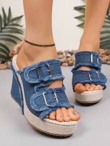 Zapatillas de cuña de talla grande de mezclilla para mujeres, zapatos de playa, talla 43 - Neblina azul - Ver 1