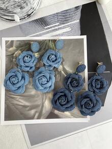 1件优雅复古奢华蓝色布艺花朵耳环,时尚珠宝,女士礼物,适合情人节、约会、宴会、通勤、派对、生日、节日等场合(由于拍摄时的光线和角度,实际产品颜色可能与图片略有不同) - 耳環 - 查看 7