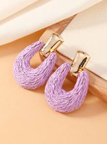 1 Pair Handmade Woven Raffia U-Shaped Bohemian Style Beige, Blue, Green, Purple Fashion Stud Earrings For Women, Suitable For Daily Wear