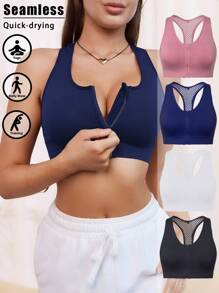 4pcs Seamless Caged Racerback Sports Bras, Front Zipper Elastic Short Style Women's Brassiere