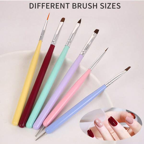 6 pièces Brosses d'art pour ongles avec manches en bois de couleur macaron, kit DIY, outil de pointage pour peinture de gel pour manucure