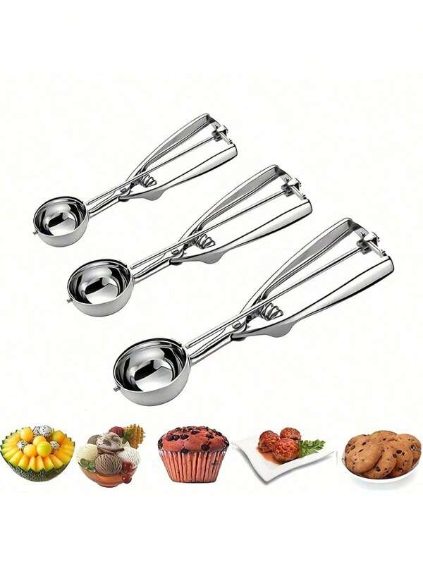 1/2/3Pcs Ice Cream Scoops Stainless Steel, Stainless Steel Cookie Dough Scoops, Cookie Scoops For Baking, Ice Cream Scooper With Trigger Release, Fruit Cookie Scooper For Baking, Cupcake Scoop S/M/L
