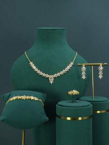 Conjunto de 5 joias femininas banhadas a ouro - colar com design de folhas, brincos, pulseira, anel, adequado para casamento na Nigéria, Arábia Saudita e Dubai, adequado para uso diário, casamento e festas - Terno de noiva folha - Ver 13