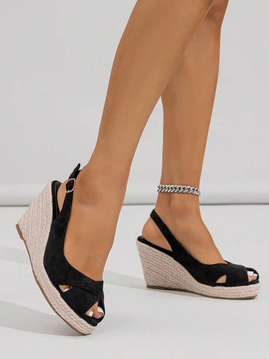 2025年女士时尚纯色草编沙滩旅行百搭厚底坡跟凉鞋 - 黑色 - 查看 1