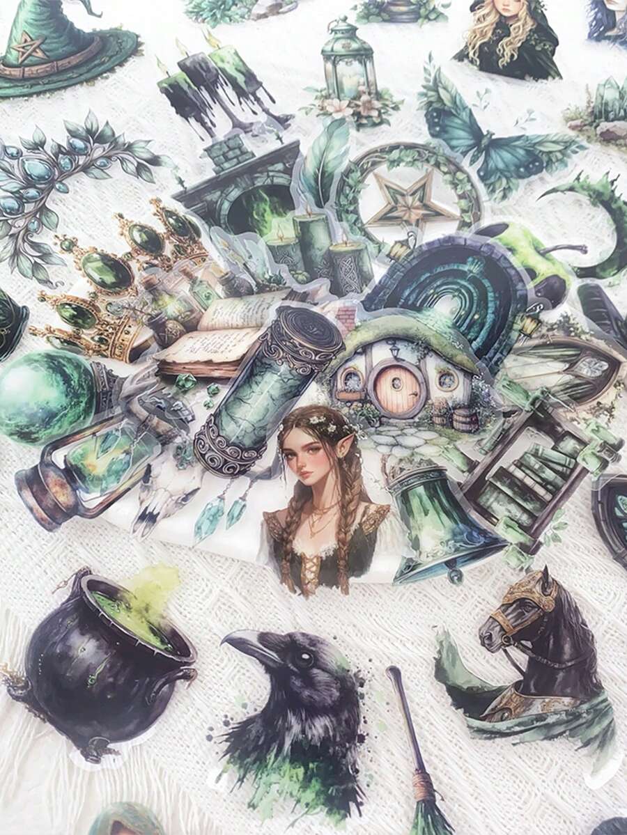 50pcs Green Forest Witch Sticker Waterproof PET Transparent Decals For Laptop Suitcase Scrapbook Journal Diary Phone DIY Decorate Sticker - متعدد الألوان - مشاهدة 1