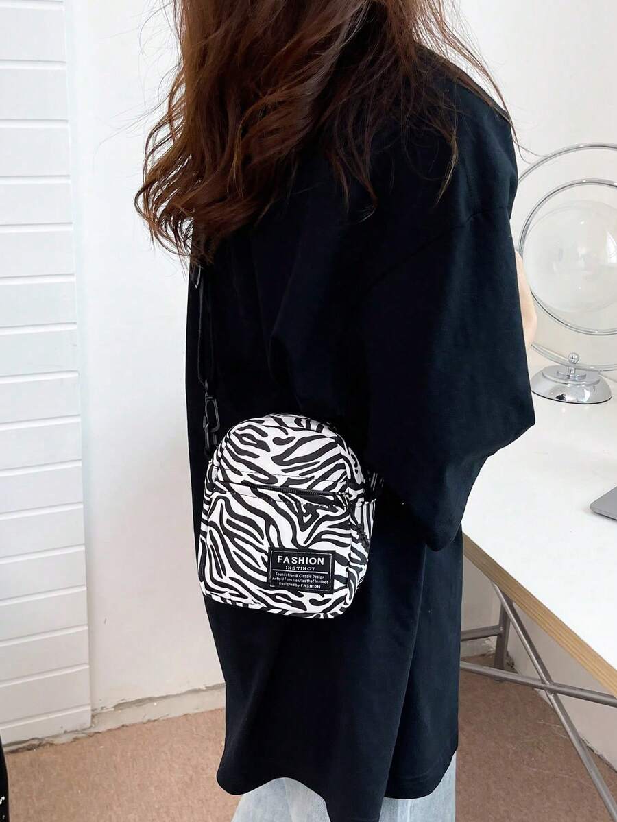 时尚尼龙斑马纹图案迷你女士单肩包，多功能简约智能手机袋和零钱包，街头潮流 - 黑與白 - 查看 1