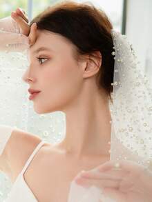1 件奢华手工珍珠串珠超长拖尾新娘面纱，婚纱配饰 - 白色 - 查看 7