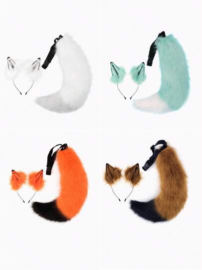 多色拼布狐狸服装套装，可爱动物角色扮演道具包括猫耳头带、狐狸尾巴万圣节