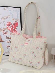 1 件可爱猫咪蝴蝶结设计单肩包带零钱包吊坠绗缝条纹托特包单肩包花卉托特包短途旅行单肩包旅行购物袋带可拆卸零钱包适合少女女士大学生非常适合大学、户外、旅行、郊游，女士可爱蝴蝶结包 - 彩色 - 查看 12