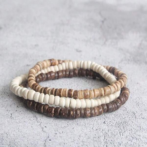Set de 3 brazaletes elásticos con cuentas de cáscara de coco y turquesa con diseño calado, versátiles para uso diario o atuendo de viaje, estilo bohemio