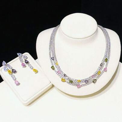 Set de joyería premium para mujer, conjunto de collar y aretes con collar de varias capas, collar de cristal colorido y aretes, conjunto de collar y aretes con baño de oro de cobre y circonita cúbica AAA, adecuado para vestido de noche, boda y novia